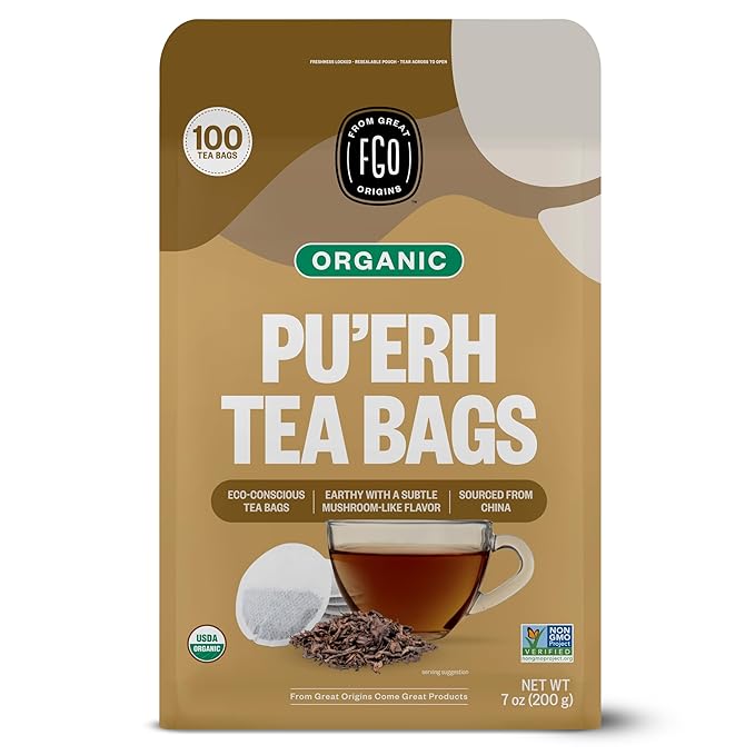 FGO Organic Pu'erh Tea, 100 Count, Eco-Conscious Black Tea Bags, Resealable Bag, Packaging May Vary (Pack of 1)
