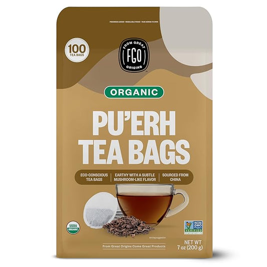 FGO Organic Pu'erh Tea, 100 Count, Eco-Conscious Black Tea Bags, Resealable Bag, Packaging May Vary (Pack of 1)