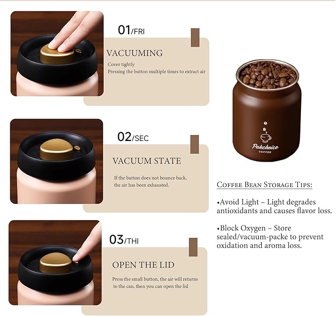 Vacuum Sealed Coffee Canister ，316 Stainless Steel Air Tight Container for Coffee Beans & Grounds, Preserves Freshness, light-proof storage (Coffee, 900ml)