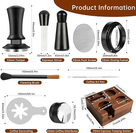 9 Pcs Espresso Accessories Kit, 54mm Espresso Tamper Tools, with Wooden Espresso Tamping Station, Distributor, Stirrer, Dosing Funnel,Puck Screen, Brush, Latte Art Pen and Decorative Stencils