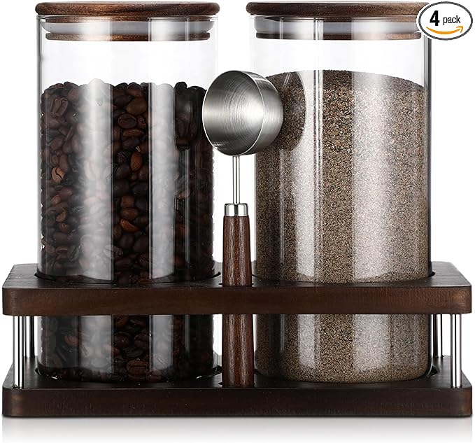 Suclain Glass Coffee Grounds Container with Shelf 2 x 44 oz Glass Coffee Bean Storage Canisters with Airtight Thread Lid and Measuring Spoon Food Storage Jars for Kitchen Sugar(Clear Style)
