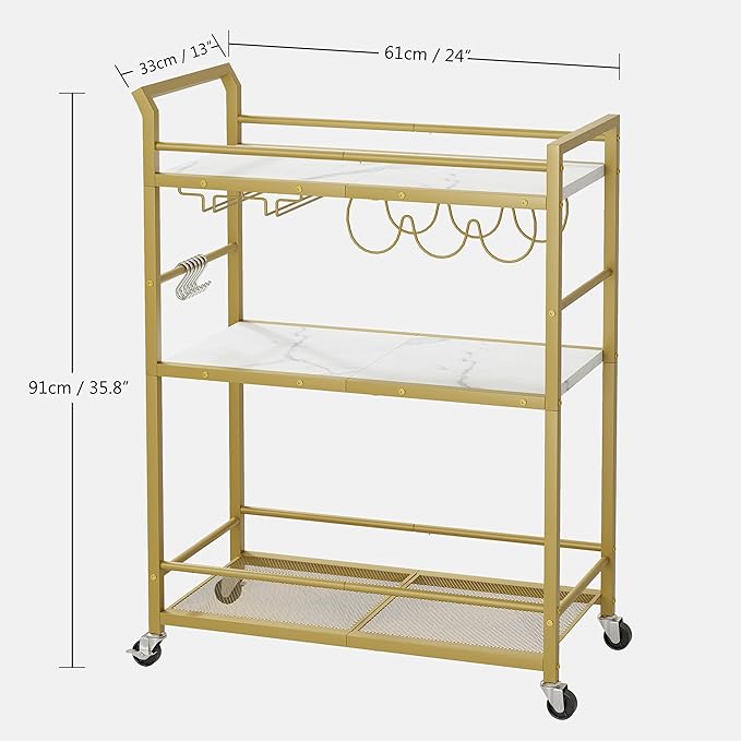 3 Tier Bar Cart Gold, Stylish Rolling Bar Cart, Gold Wine Cart with Wheels, Small Beverage cart, Metal Bar Carts Home, Liquor Cart with Glass Holders & Wine Rack for Kitchen Living Room GBC507G