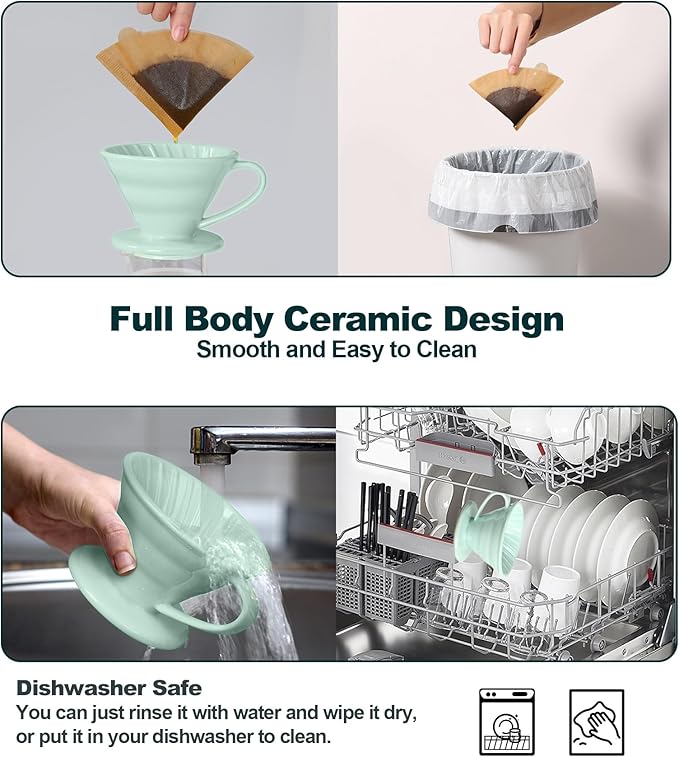Pour Over Coffee Dripper - Ceramic Cup, Pour Over Coffee Maker Cone, Porcelain Cone, Easy Manual Brew Maker - Strong Flavor Brewer for Home, Cafe, Office - 1-4Cup, V60 Size 02 (Lake Green)