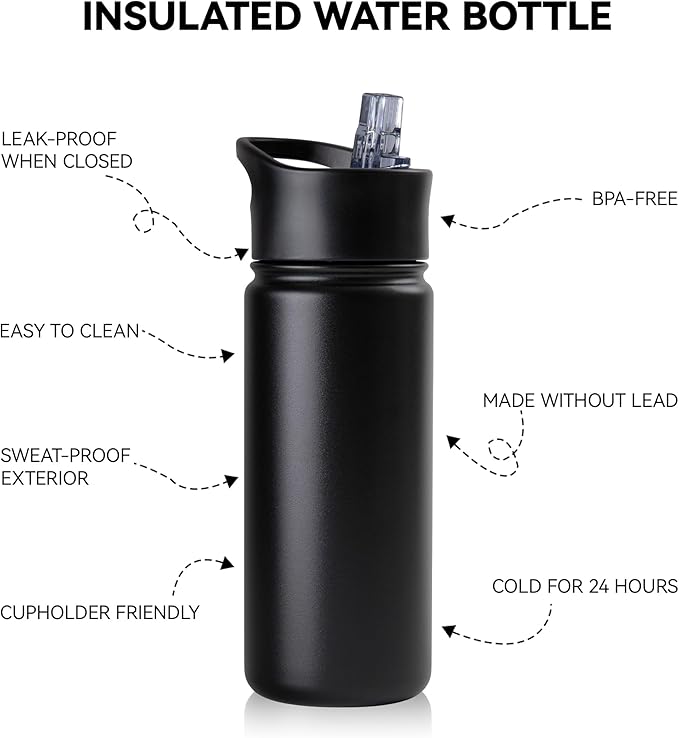 16 oz Insulated Water Bottle Bulk 4 Pack, Straw & Spout Lid, Keep Cold 24H, Spill Proof, BPA-Free, Double Wall, Stainless Steel Kids Water Bottles for School, Sports, Black