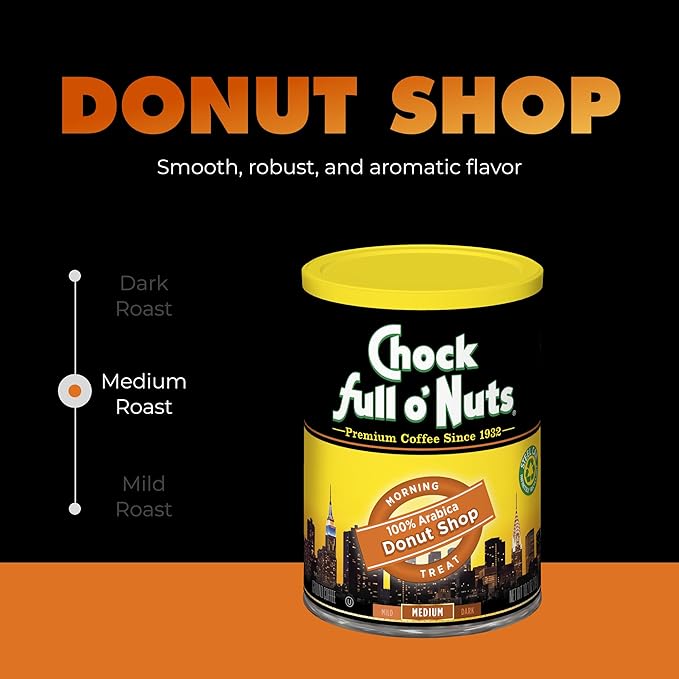 Chock Full o’Nuts Donut Shop Roast Ground Coffee, Light Roast - Arabica Coffee Beans – Mildly Roasted, Smooth-Flavored Breakfast Blend (10.2 Oz. Can)