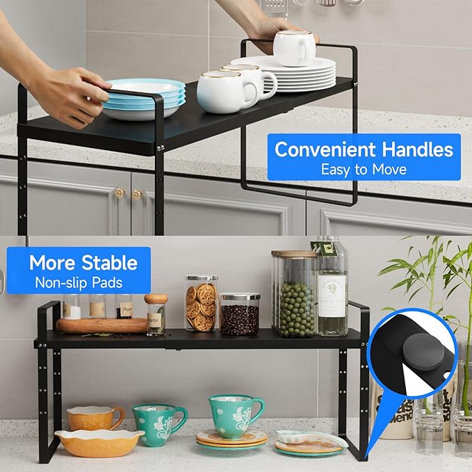 KIKIBRO Expandable Cabinet Shelf Organizer, Stackable Kitchen Pantry Counter Storage, Adjustable Closet Cupboard Stand Rack Risers Spice Organization 80LBS Heavy Duty Black Large 1 Pack