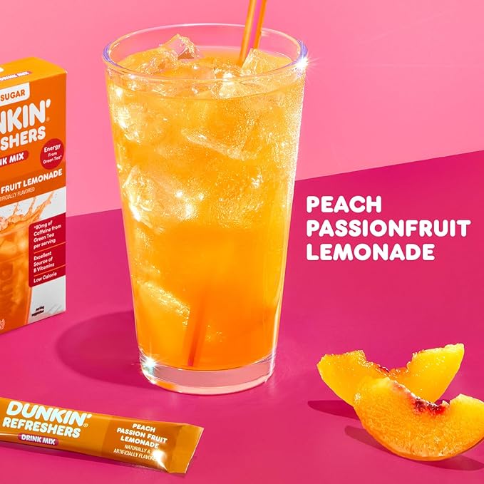 Dunkin’ Refreshers Singles To Go! Powdered drink mix packets, Peach Passionfruit Lemonade,10 packets per box Energy from Green Tea, aspartame-free, no synthetic colors, naturally and artificially flavored, just add water
