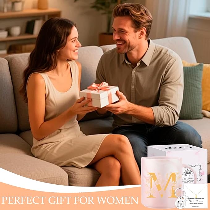Monogrammed Valentine Days Gifts for Women, 11 oz Initial Ceramic Coffee Tea Mug with Necklace, Unique Mohters Day Birthday Gift for Her Wife Teacher Friend Mom, M
