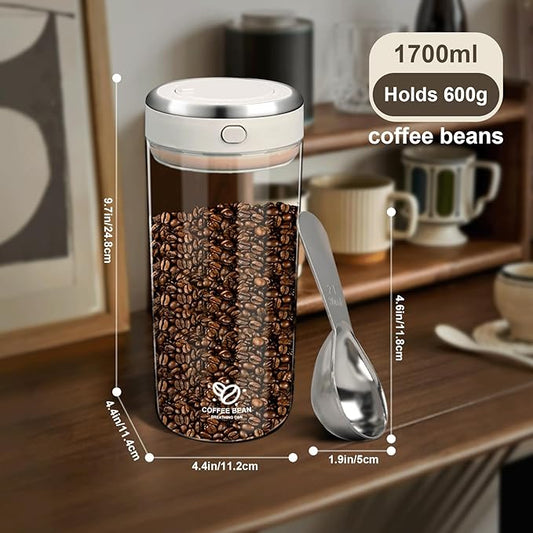 Coffee Canister with Premium Glass, Airtight Coffee Container with One-Way CO2 Valve and Freshness Tracker Clear Borosilicate Glass Coffee Canister Perfect for Coffee Bean Storage (1.8Qt)