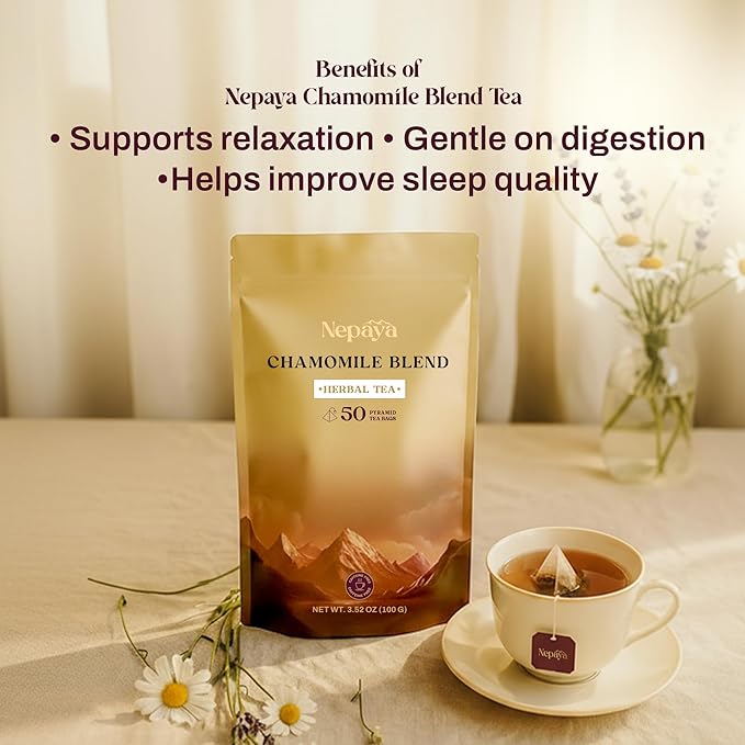 Nepaya Chamomile Herbal Tea Bags – 50 Count Pyramid Bags, Himalayan Chamomile & Lemongrass Blend, Biodegradable, Caffeine-Free Sleep Tea for Relaxation and Bedtime Calm from Nepal