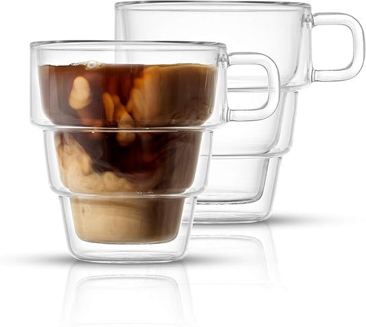 JoyJolt Pila Double Wall Insulated Coffee Mugs – 10 oz Double Walled Insulated Glasses Coffee Mug With Handle, Stackable, Sleek Modern Design – Set of 2