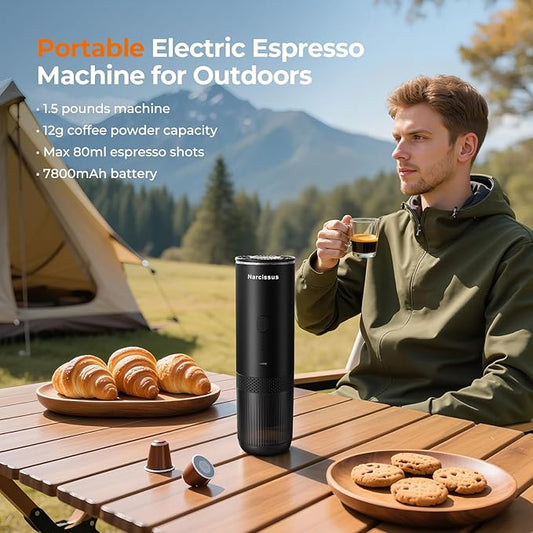Narcissus Portable Electric Espresso Machine for Travel, 86.6 Watt 2-In-1 Travel Coffee Maker for Max 12g Coffee Powder or NS Capsules, 1.5 Pounds & 7800mAh Battery Capacity, Includes Quick Charger
