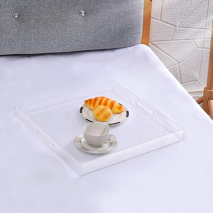 Clear Acrylic Ottoman Tray with Cutout Handles 20x20 Inch Over Sized Serving Tray, Organizer Rubber Boot Tray Decorative for Living Room Bedroom,Bathroom and Entryway Kitchen Tabletop