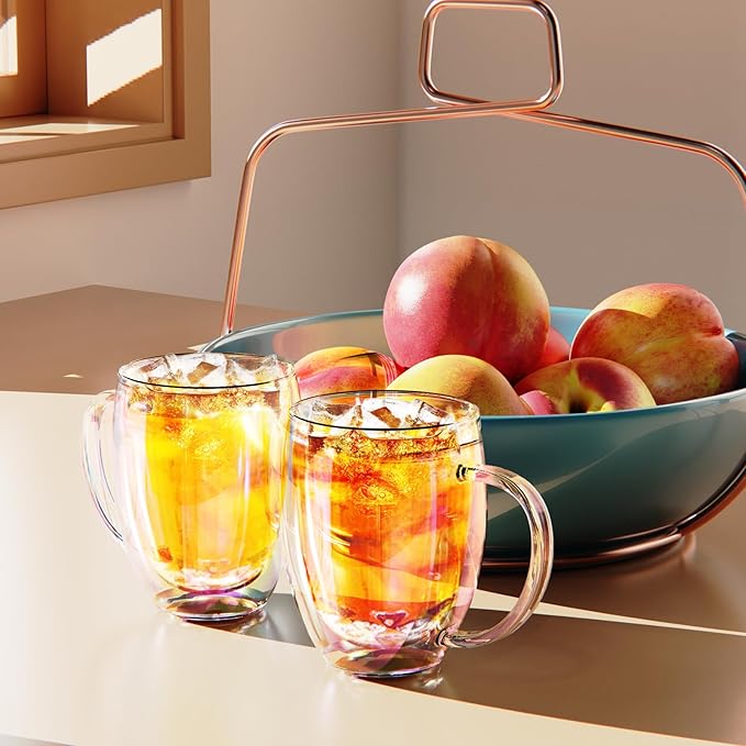Double Wall Glass Coffee Mugs Set of 2, 12 Oz Coffee Mugs with Handle Clear Iridescent Glass Cups, Perfect for Espresso, Cappuccino, Latte, Americano, Tea Bag, Beverage