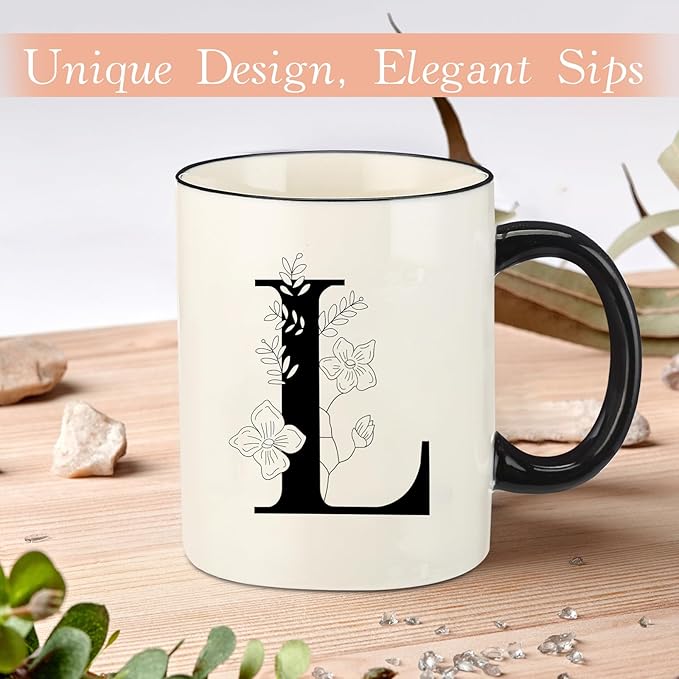 Monogram Ceramic Coffee Mugs, 11 oz Initial Drinking Cup with Gift Box, Unique Birthday Valentines Day Gifts for Women Wife Mothers Day Grandma Mom Aunt, L