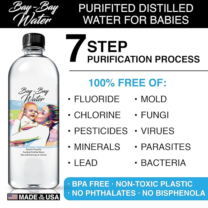 Bay Bay Water - Purified Distilled Water for Babies - 16.9 oz. - Use for Everyday Drinking, Infant Formula, Milk, and Baby Cereal - BPA Free - No Fluoride, Phosphate - Prevent Mineral Overload - (24)