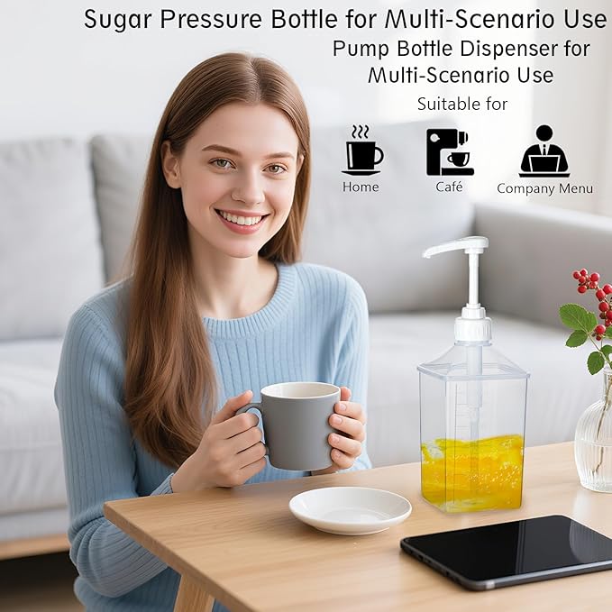 Uceoo Coffee Syrup Dispenser, Plastics Syrup Bottle With Plastic Pump, 37 Oz Large Capacity Square Syrup Pump Dispensers for Coffee Bar, Simple Pump Bottle for Honey, Condiments, Salad Dressings