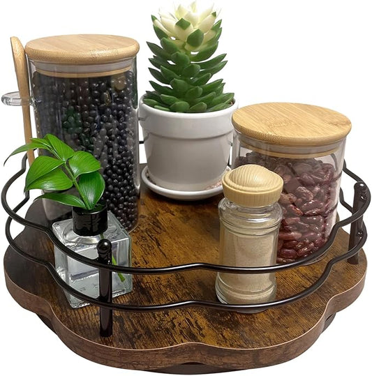 BaiWinlar 13" Lazy Susan Turntable Organizer with Higher Metal Sides, 360° Rotating Wooden Lazy Susan Organization and Storage for Cabinet,Kitchen,Countertop,Table Top,Dining Table,Coffee Bar Decor