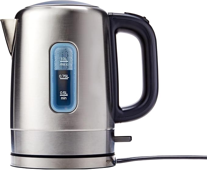 Amazon Basics Electric Stainless Steel Kettle for Tea and Coffee, BPA-Free, Fast Boiling, Auto Shut-Off, 1 Liter, 1500W, Black and Silver