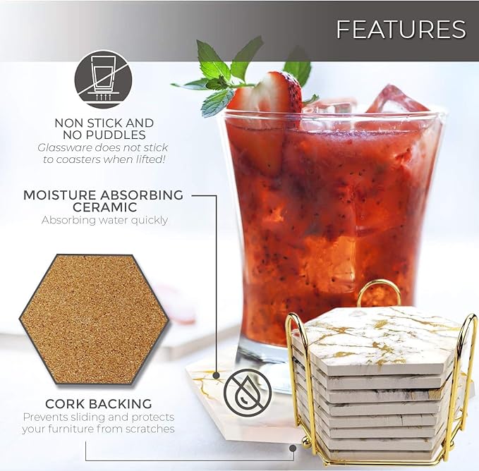 8 Pcs Coasters for Drinks Absorbent with Holder|Marble Design Ceramic Coaster Set| Super Absorbent Hot and Cold Drink Coasters| Table with Cork Bottom | Cup for Living Room，Gray Gold