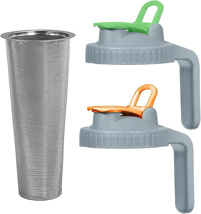 Cold Brew Coffee Maker - 2 Quart (64 oz) Coffee Strainer Mesh Filter with 2pcs Wide Mouth Flip Cap Lids with Handle for Ball Mason Jar, Suitable for Cold Brew, Lemonade, Iced Tea (Green & Orange)