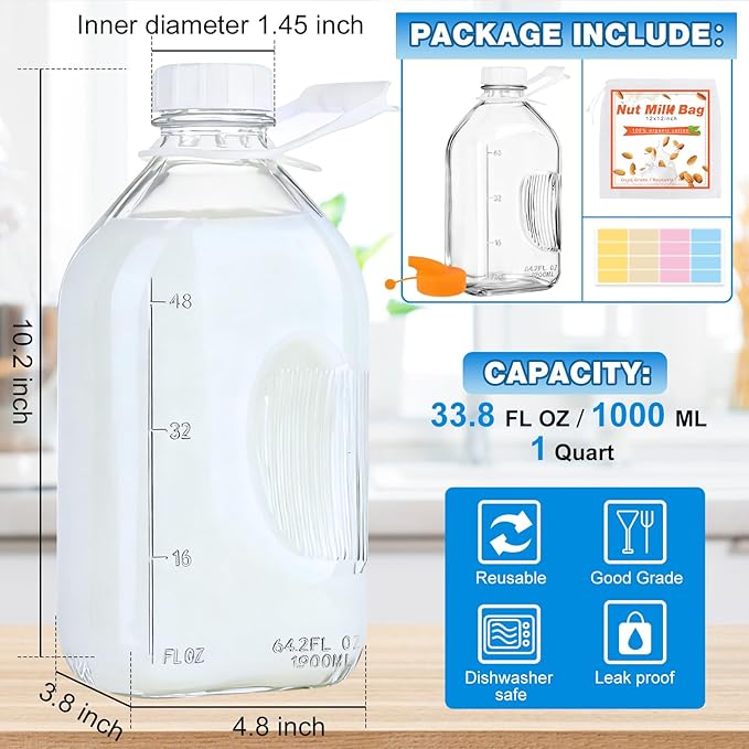 2 Quart (64 Oz) Glass Milk Bottle with Handle, Water Jug with Scale/Nut Milk Bag/Pour Spout/Airtight Lid, Reusable Carafe Container Pitcher for Milk, Tea, Juice, Coffee Beverage-1/2 Gal 1 Pack