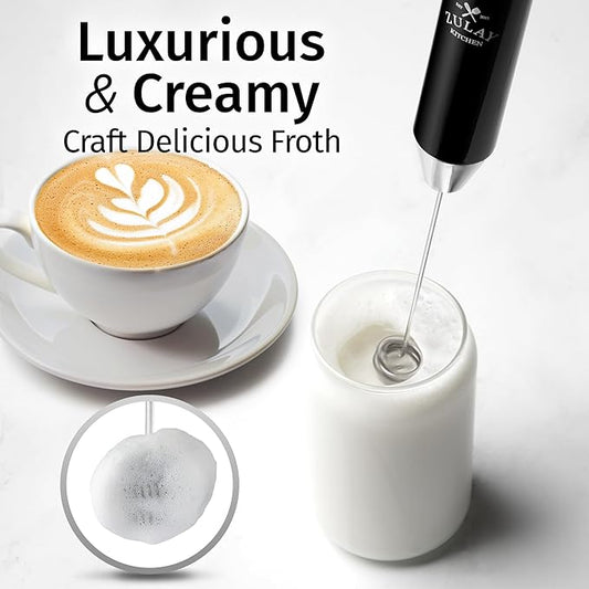 Zulay Kitchen Rechargeable Milk Frother Handheld Lux - Powerful 2-Speed Motor, Waterproof, 2000mAh Battery - Drink Mixer for Latte, Cappuccino, Matcha & Protein Powder - Obsidian Black