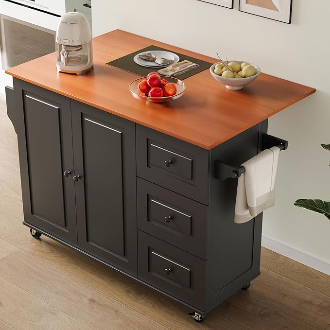 Mobile Kitchen Island with Drop Leaf, Rolling Kitchen Cart with 3 Drawers, Kitchen Storage Cabinet on Wheels, Island Table with Towel and Spice Rack for Dining Room, Living Room, Black