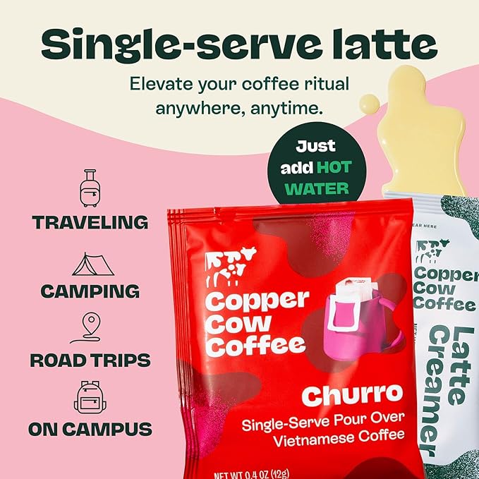 Copper Cow Coffee Pour Over Vietnamese Coffee Pouches + Sweetened Condensed Milk Creamers (8 Coffees & 8 Milk Creamers) | Churro Lattes, No Refrigeration Needed, Travel Friendly Ground Coffee