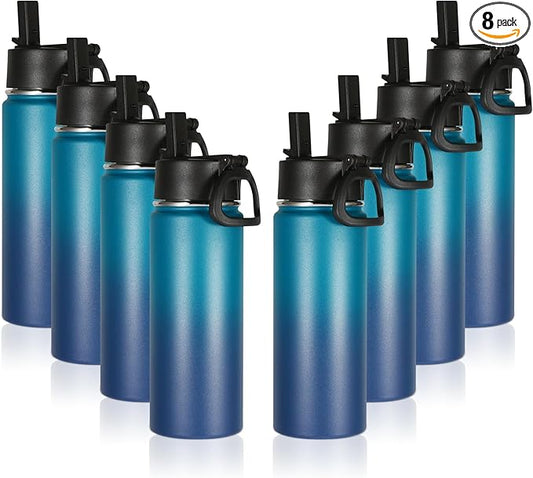 Volhoply 16 OZ Kids Water Bottle Bulk 8 Pack,Insulated Sports Bottles with Straw Lid,Stainless Steel Bottle with Handle Keep Cold & Hot,Double Wall Vacuum Tumbler Cups for School(Dark Night, 8)
