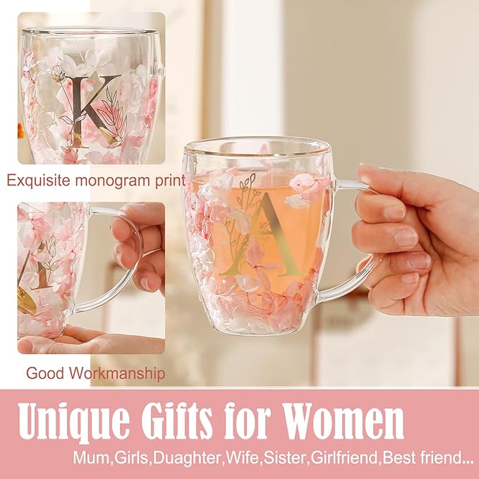 Personalized Gift for Women Cute Monogrammed Double Wall Glass Coffee Mug Tea Cup with Spoon Customized Birthday Valentine Mother's Day Christmas Gift for Mom Wife Friends Sister Coworker(Letter A)