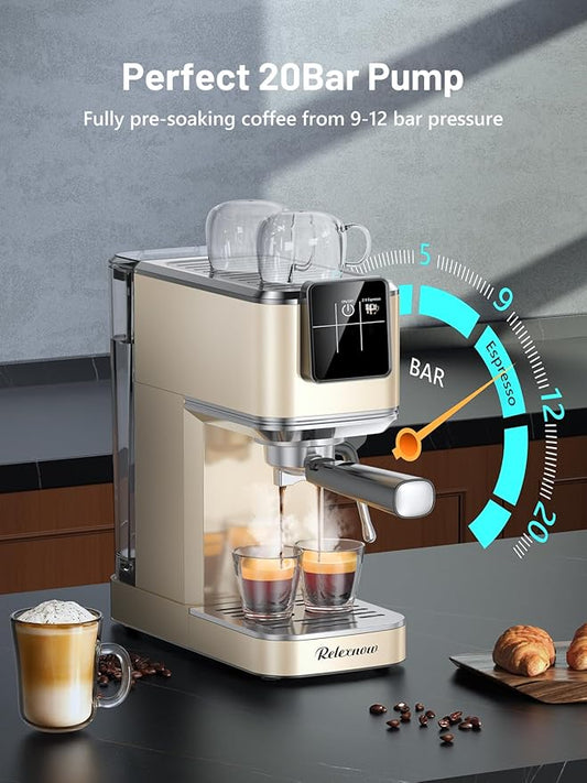 Espresso Machine, 20 Bar Espresso Maker Milk Frother & LCD Panel, Hot & Iced Coffee Machine, Stainless Steel Espresso Coffee Machine with 41oz Water Tank for Cappuccino, Latte