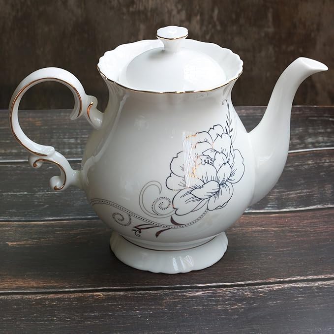 Jomop European Style Ceramic Flower Teapot Coffee Pot Water Pot Porcelain Gift Large 5.5 Cups (1, White)