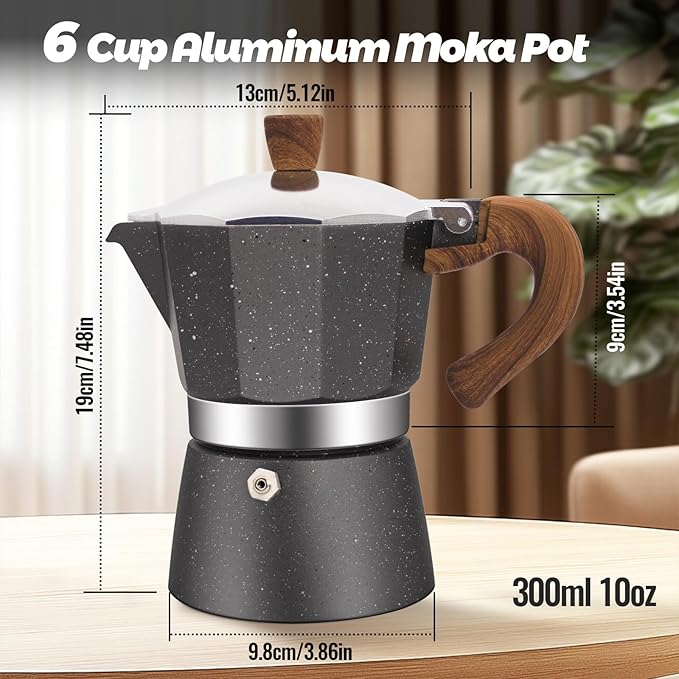 Vaolvpant 6 Cup Aluminum Moka Pot Classic Stovetop Espresso Coffee Maker 300ml 10oz Coffeemaker Percolator Mocha Pot Greca Coffee Maker Cafe Makers for Italian and Cuban Café Brewing Gray
