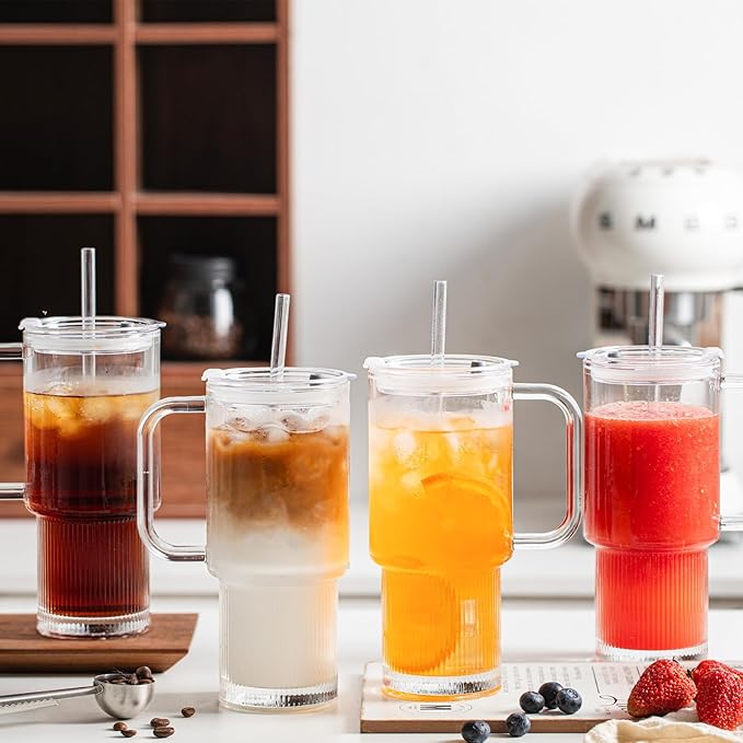 INSETLAN 26oz Glass Tumbler with Handle & Lid – 2-Pack Large Iced Coffee Cups with Straws, Modern Glass Mug for Cold & Hot Beverages, Aesthetic Glass Cups for Smoothies, Tea, and Juice