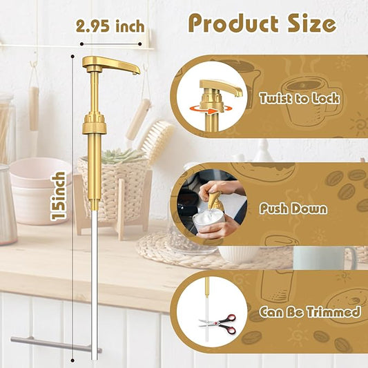 Neosoge Coffee Syrup Pump Dispenser, 4 Packs of Syrup Pump for 750ml/25.4 oz Syrup Bottle, Gold Pumps for Coffee Syrup Bottle, works with Torani, DaVinci, Jordans Skinny 750ml Syrups Bottles (Gold)