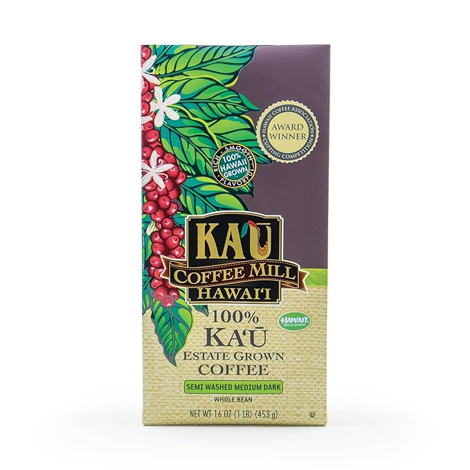 Ka'u Coffee Mill Semi-Washed Medium Dark Roast Whole Bean Coffee - Stone Fruit, Citrus, & Milk Chocolate Notes - Handpicked & Semi-Washed Hawaii Grown Arabica Beans - Gourmet Small Batch - 16oz