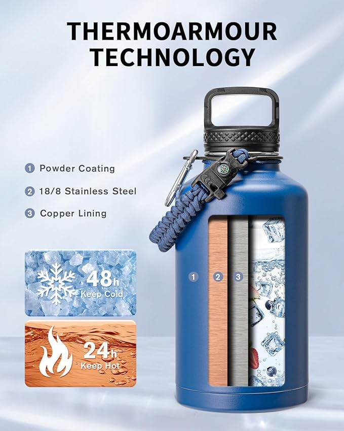 Trebo Water Bottle 64oz with Paracord Handle, Half Gallon Large Vacuum Double Wall Stainless Steel Insulated Water Jug with Holder Strap Straw Spout Lids, Leakproof Keep Cold & Hot,Classic Blue
