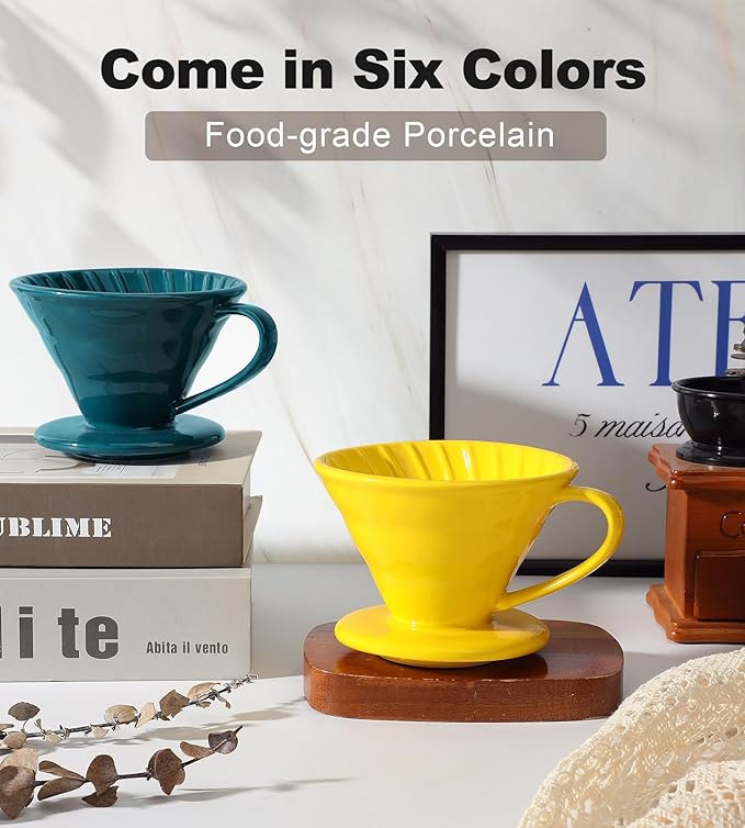 Pour Over Coffee Dripper - Ceramic Cup, Pour Over Coffee Maker Cone, Porcelain Cone, Easy Manual Brew Maker - Strong Flavor Brewer for Home, Cafe, Office - 1-4Cup, V60 Size 02 (Bright Yellow)
