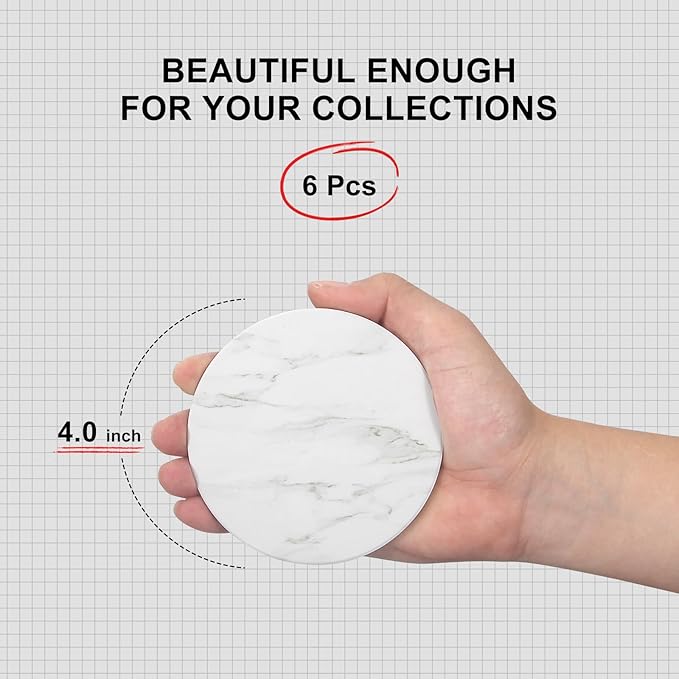 White Marble Coasters Set of 6 - Round Ceramic Absorbent Coasters with Holder for Lounge, Bar, Coffee, Cup, Table, Desk