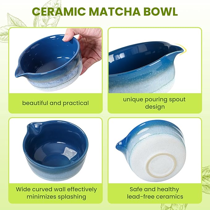Matcha Whisk Set, Ceramic Matcha Kit Desert Style, Matcha Whisk and Bowl, Bamboo Scoop and Rest, Sifter and Tea Towel, 7 Pcs Gifts for Matcha Lover (Blue)