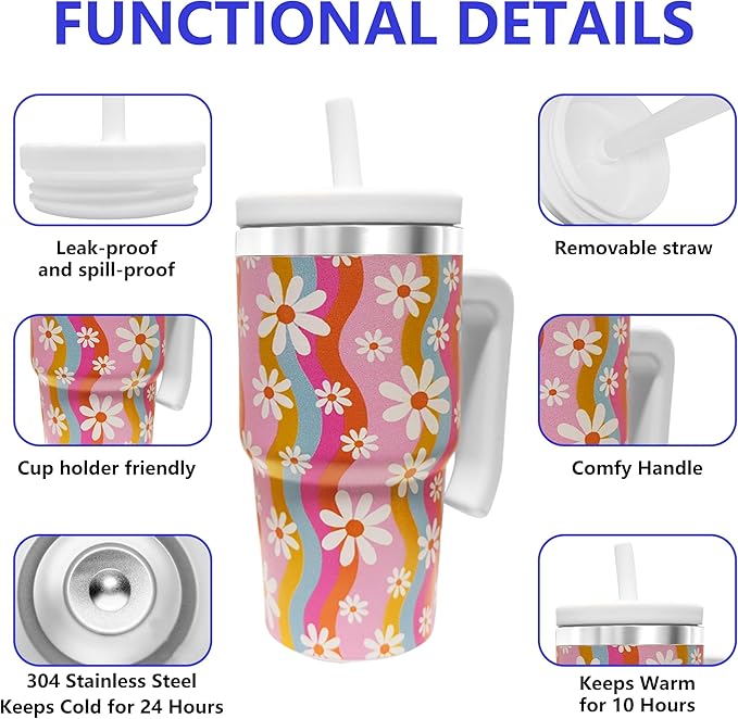 2PCS 20-OZ Insulated Water Bottle,Insulated Stainless Steel Tumbler,Reusable Cold Drink Thermos,BPA-Free, Double-Wall Stainless Steel Water Bottle (Pink-Rainbow Flowers, 20, Fluid Ounces)