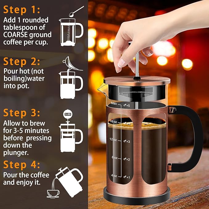 YMMIND French Press Coffee Maker (21oz 600ML 3-4Cup) Coffee Press, with 4 Filters System, Heat Resistant Thickness Borosilicate Glass, Cold Brew Coffee Tea Pot Gifts (Copper)