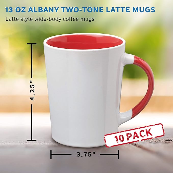 DISCOUNT PROMOS Ceramic Latte Coffee Mugs by Albany 13 oz. Set of 10, Bulk Pack - Perfect for Coffee, Tea, Espresso, Hot Cocoa, Other Beverages - Red