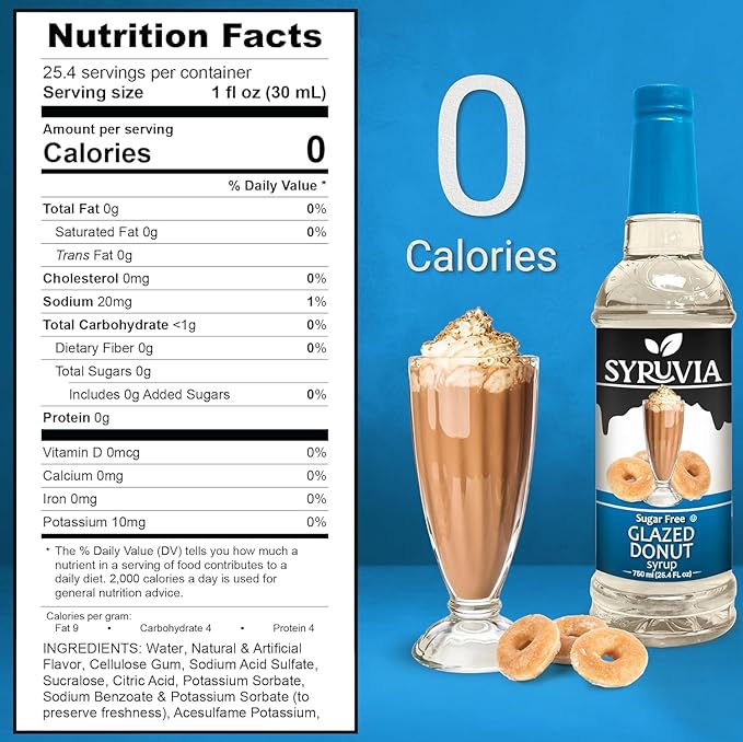 Syruvia Sugar Free Coffee Syrup, Glazed Donut Flavored Syrup for Drinks, Lattes, and Desserts – 25.4 fl oz, With Pump