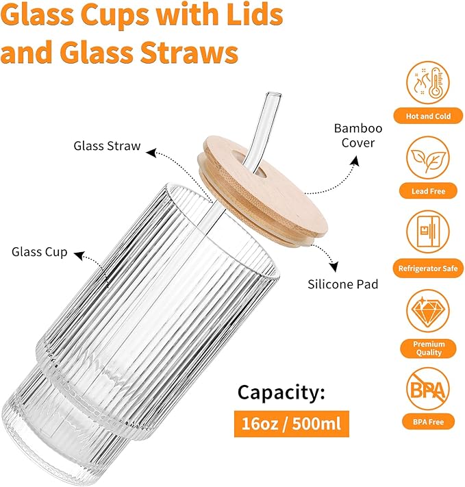 16oz Glass Cups with Lids & Straws - Reusable Iced Coffee Tumblers, Trendy Ribbed Design & Stackable for Iced Coffee/Cold Brew, Perfect for Home/Office by Coffee Lovers & Commuters (16OZ-6PACK)