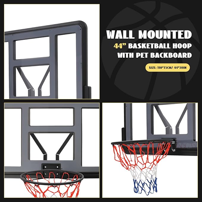 Basketball Backboard and Hoop,Exercise Wall-Mounted Fixed Basketball Hoop Replacement Kit Body Workout,Athletic Training Backboard & Rim Combofor Home Training and Club use Sport ﻿