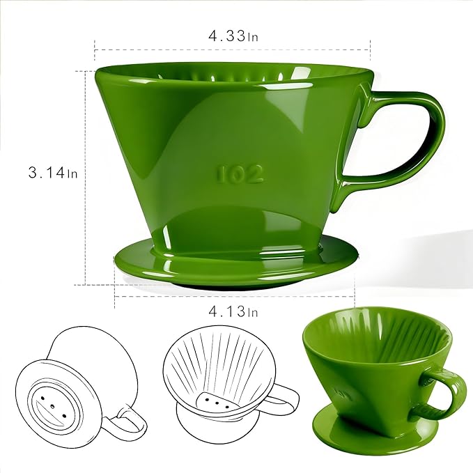 Handmade Pour Over Ceramic Coffee Dripper - Authentic Brewing Experience for Camping, Office, and Home (Dark Green)
