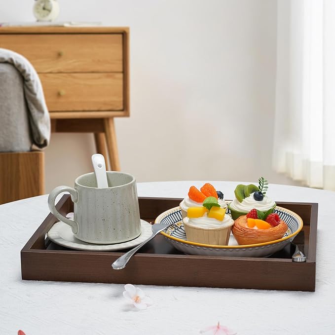 14.9''x10.2''x1.57'' Bamboo Wooden Tray with Handles, Rectangular Natural Solid Wood, Walnut Dark Brown Color Serving Tray.Suitable for Kitchen,Bedroom,Breakfast,Coffee,Decorative,Party Bars.