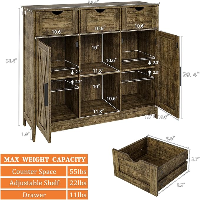 Storage Cabinet, Coffee Bar Cabinet with 2 Adjustable Shelves, 3 Drawers, and 2 Doors, for Bathroom, Kitchen, Living Room (Retro)